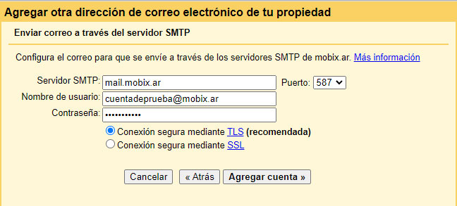Agregar datos del servidor de salida o SMTP